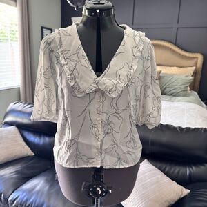 Orchid Haze White Black Floral Ruffle Collar Blouse Women’s M Puff Sleeve